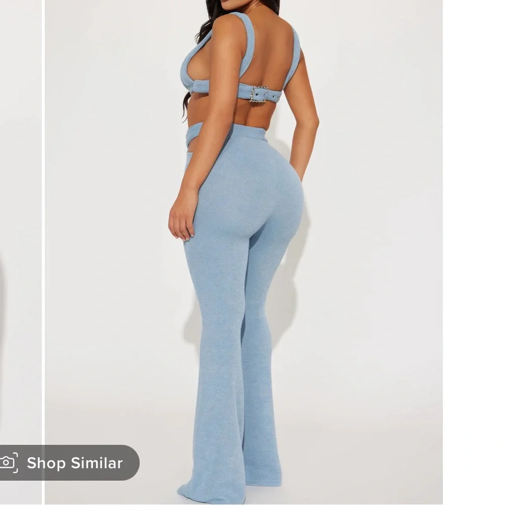 Fashion Nova Light Blue Ribbed Cutout Boot Flare Pants - Picture 3 of 5